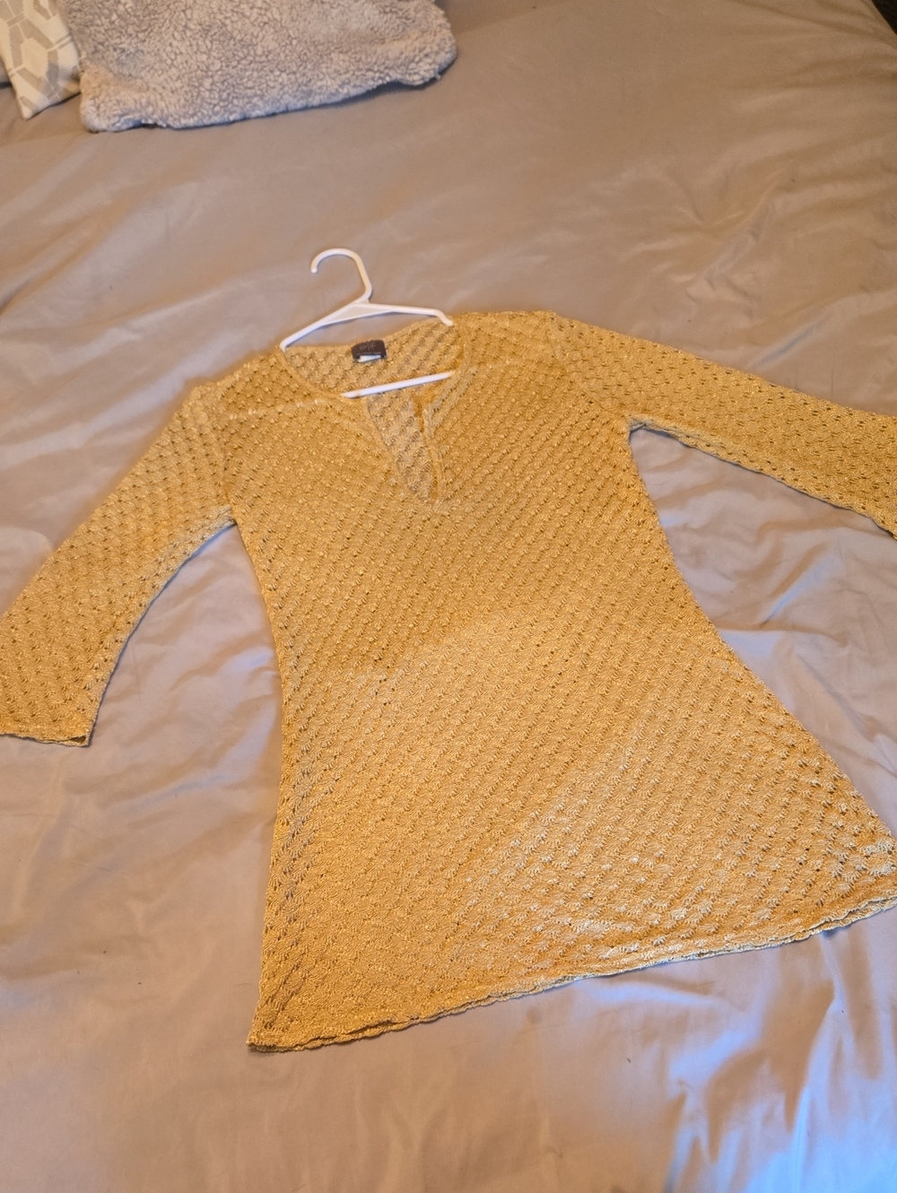 Elif by Jordan Taylor Mustard Yellow Crochet Long-Sleeve V-Neck Tunic